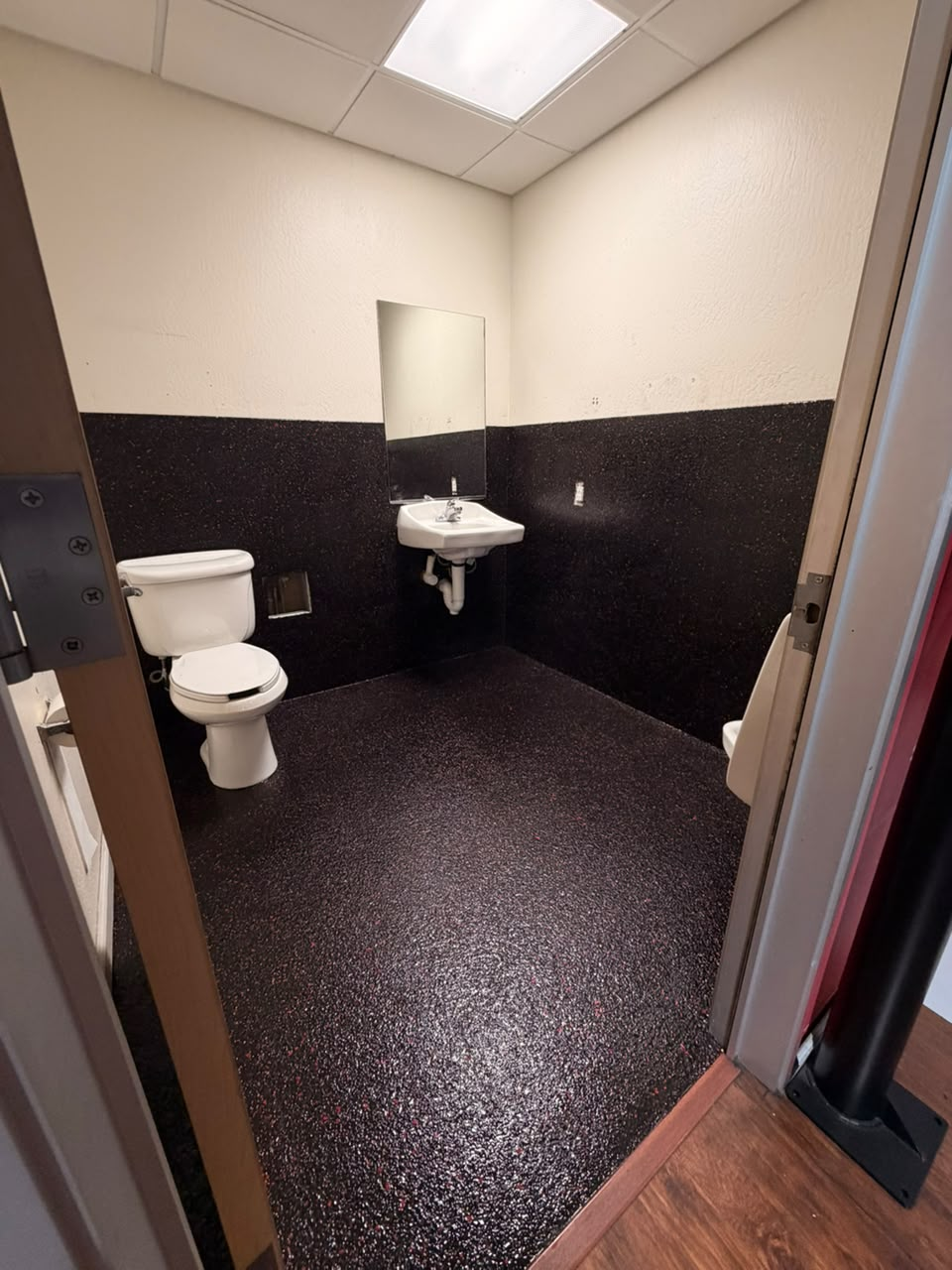 Restroom after installation of a dark flake finish on the floor and lower walls